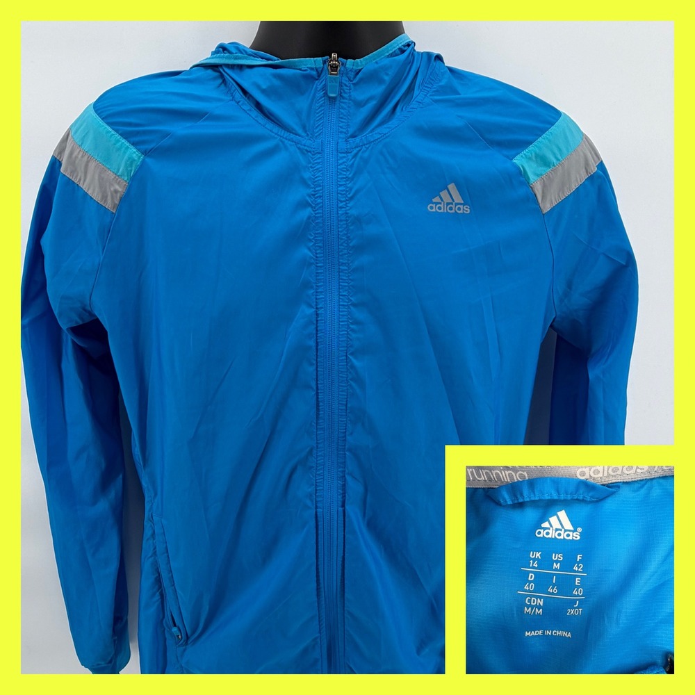 Adidas‎ Running Jacket Women Medium Blue Full Zip Hooded Windbreaker D80166